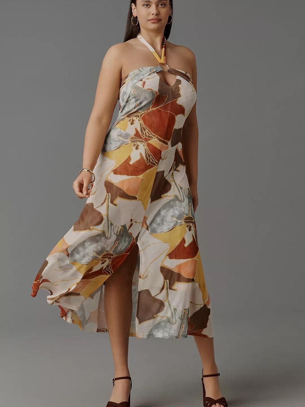 Anthropologie Halter Midi Dress in Multi-Tone Floral